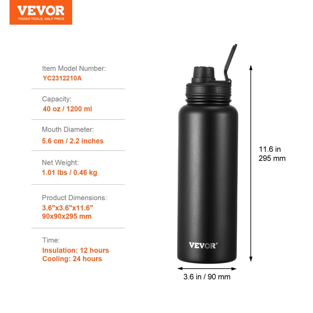 40 Oz Insulated Water Bottle Stainless Steel With Wide Mouth Lid Black