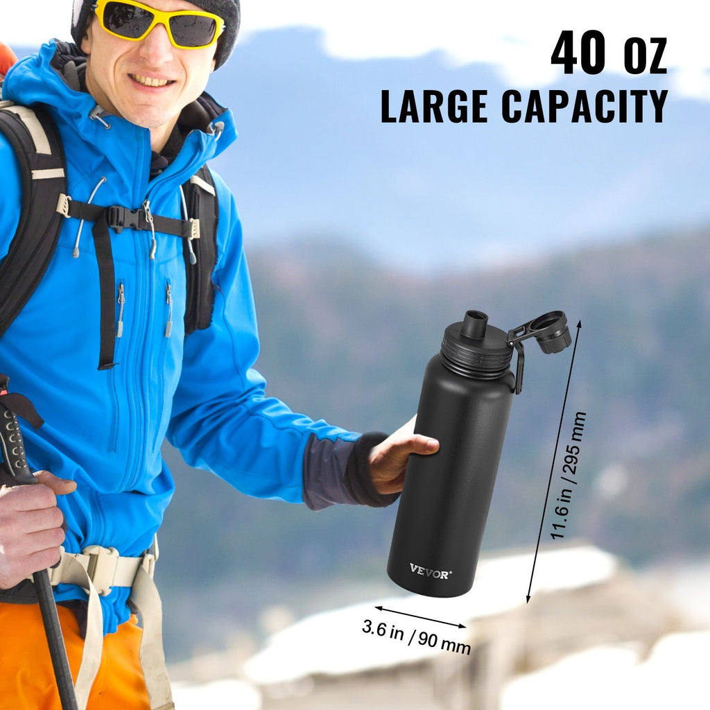 40 Oz Insulated Water Bottle Stainless Steel With Wide Mouth Lid Black