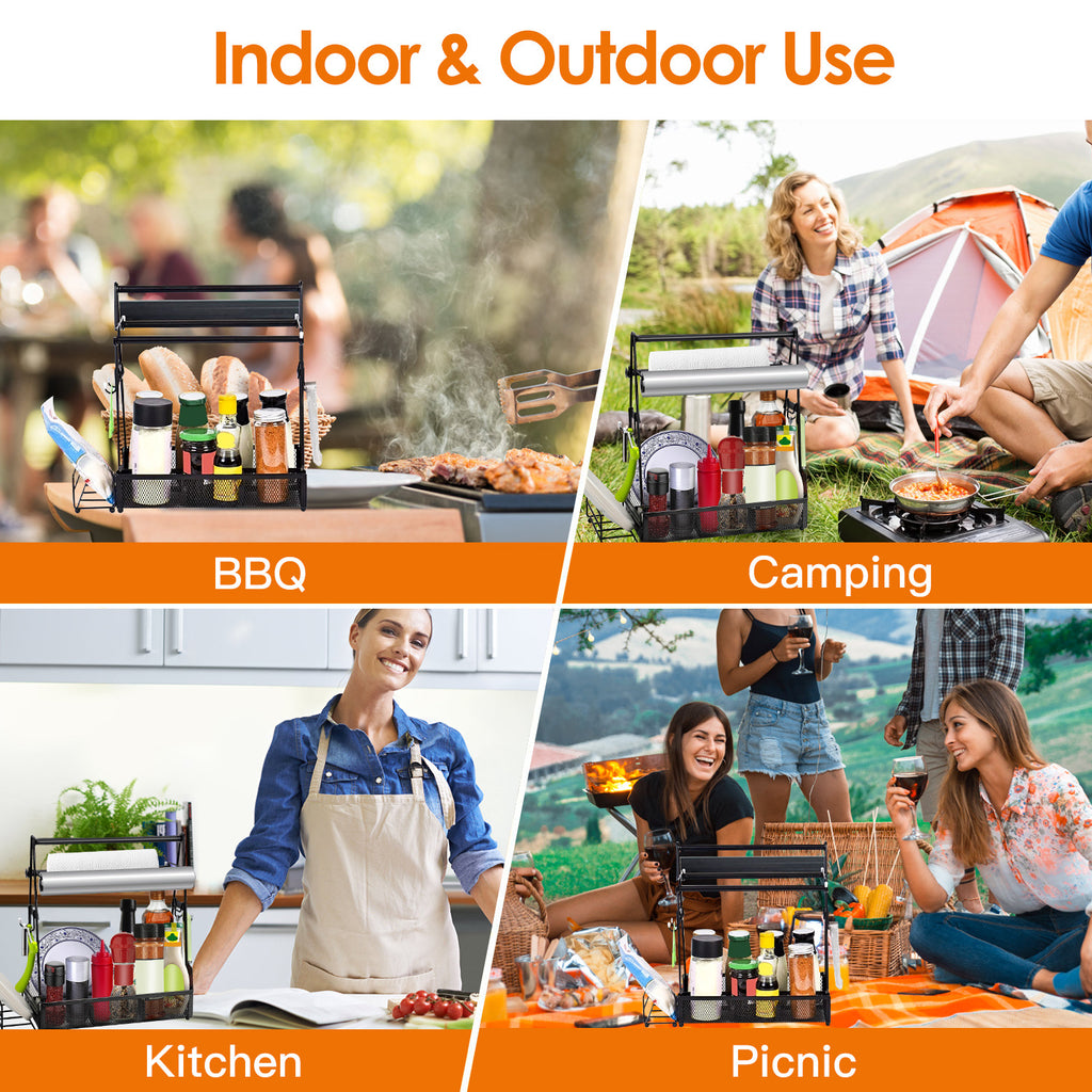 Utensil Caddy Metal Grill Caddy With Paper Towel Holders Utensil Holder For Outdoor Picnic Barbecue Camping Grilling Tools Storage Organizer Barbecue Accessories